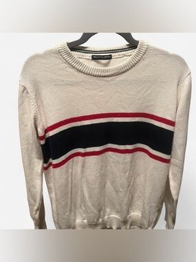 Brandy Melville Cream Crewneck Sweater with Black and Red Stripes